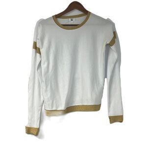 Yal Woman's white & gold trim long sleeve blouse neutral classic business casual